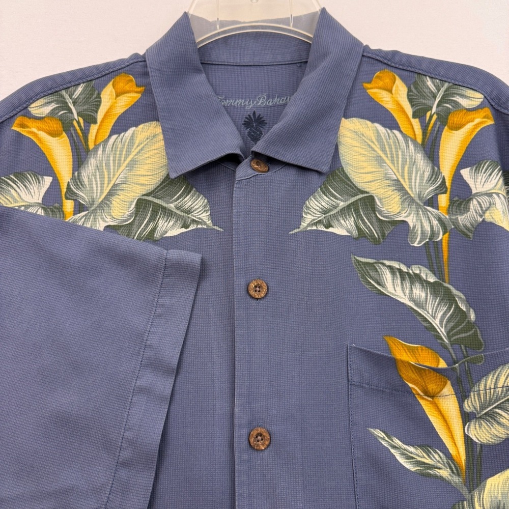 Tommy Bahama Silk Hawaiian Shirt Mens L Blue Floral Calla‎ Lily Short Sleeve